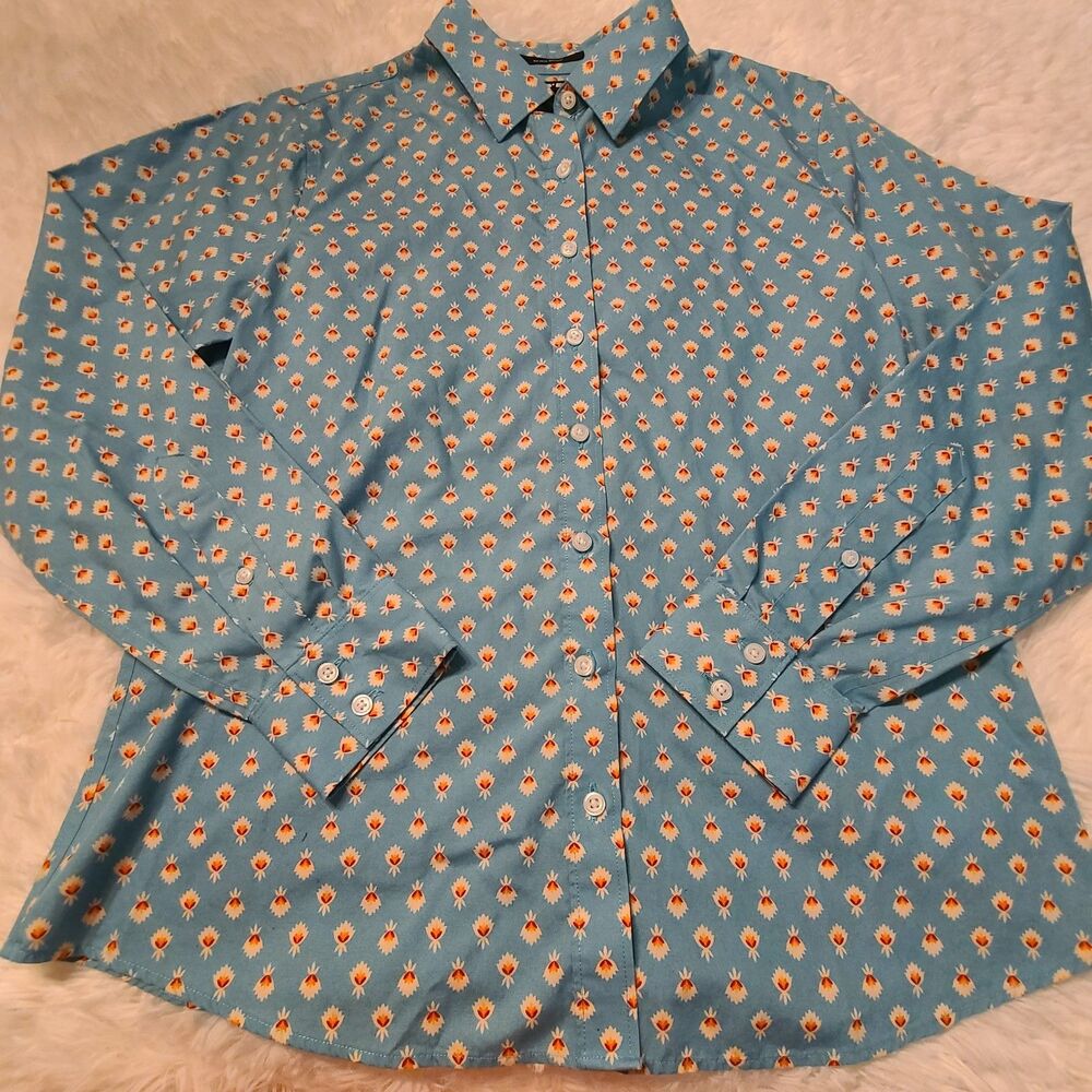 LANDS END No Iron Supima Women's Floral Button Up Shirt Petite Sz 4P Classic
